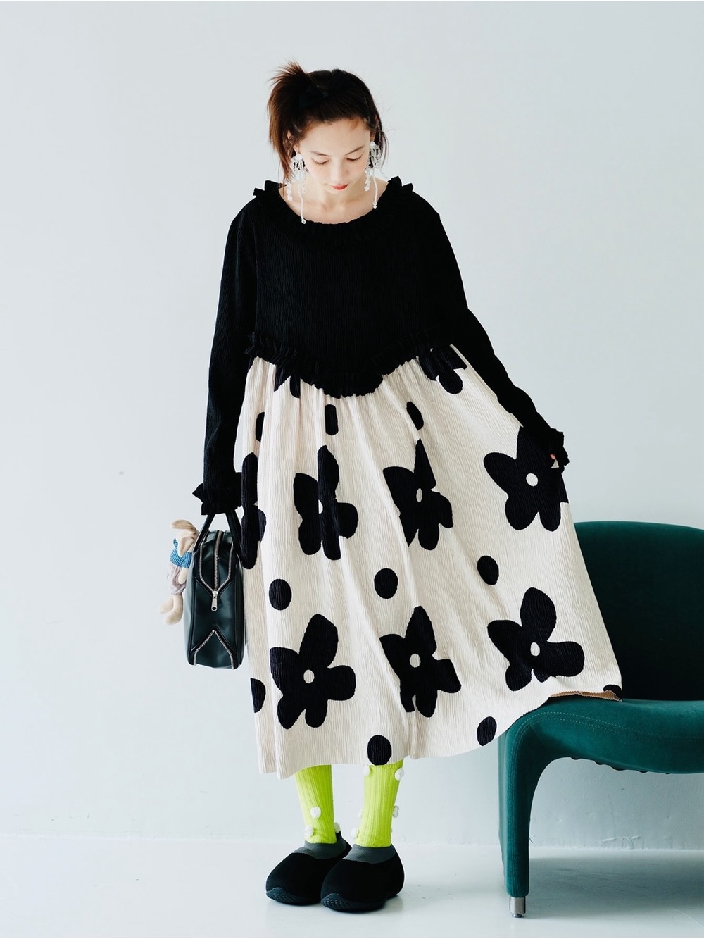 Black & Cream Floral Midi Dress Marimekko style